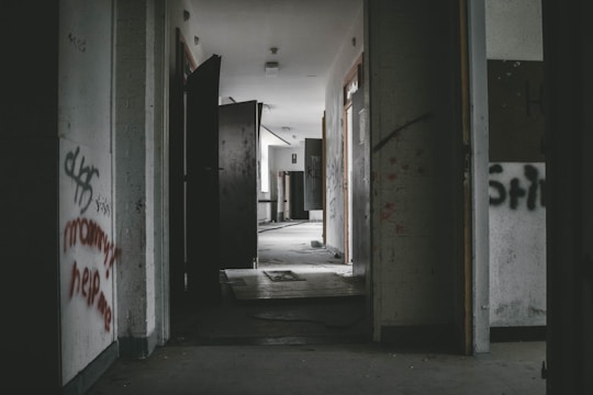 A shadowy, eerie asylum hallway with flickering lights and peeling wallpaper.