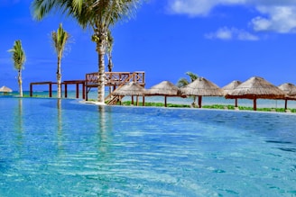 A tranquil scene of a tropical resort features an infinity pool stretching towards the horizon. Palm trees are scattered around the area, beside wooden structures and thatched umbrellas lining the edge of the pool. The sky is vividly blue, complementing the turquoise water, creating a serene and idyllic atmosphere.