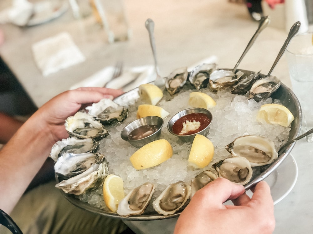 person holding plate with oysters