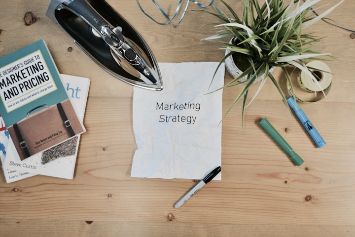 paper on a wooden table or desk with the words 'Marketing Strategy' on it alongside other objects such as a plant