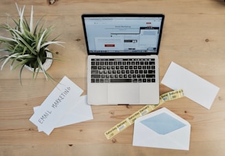 MacBook Pro beside white papers and plant