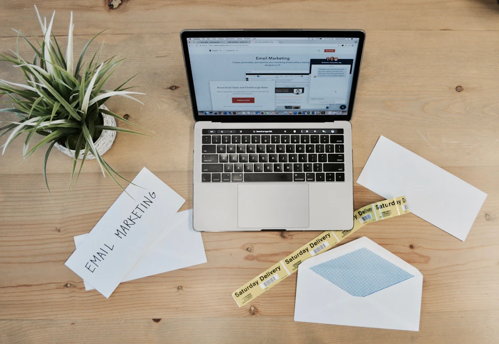 Laptop with documents and a plant on a desk