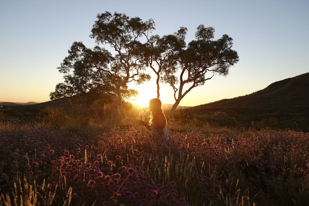 woman standing on flowers field near tree at golden hour