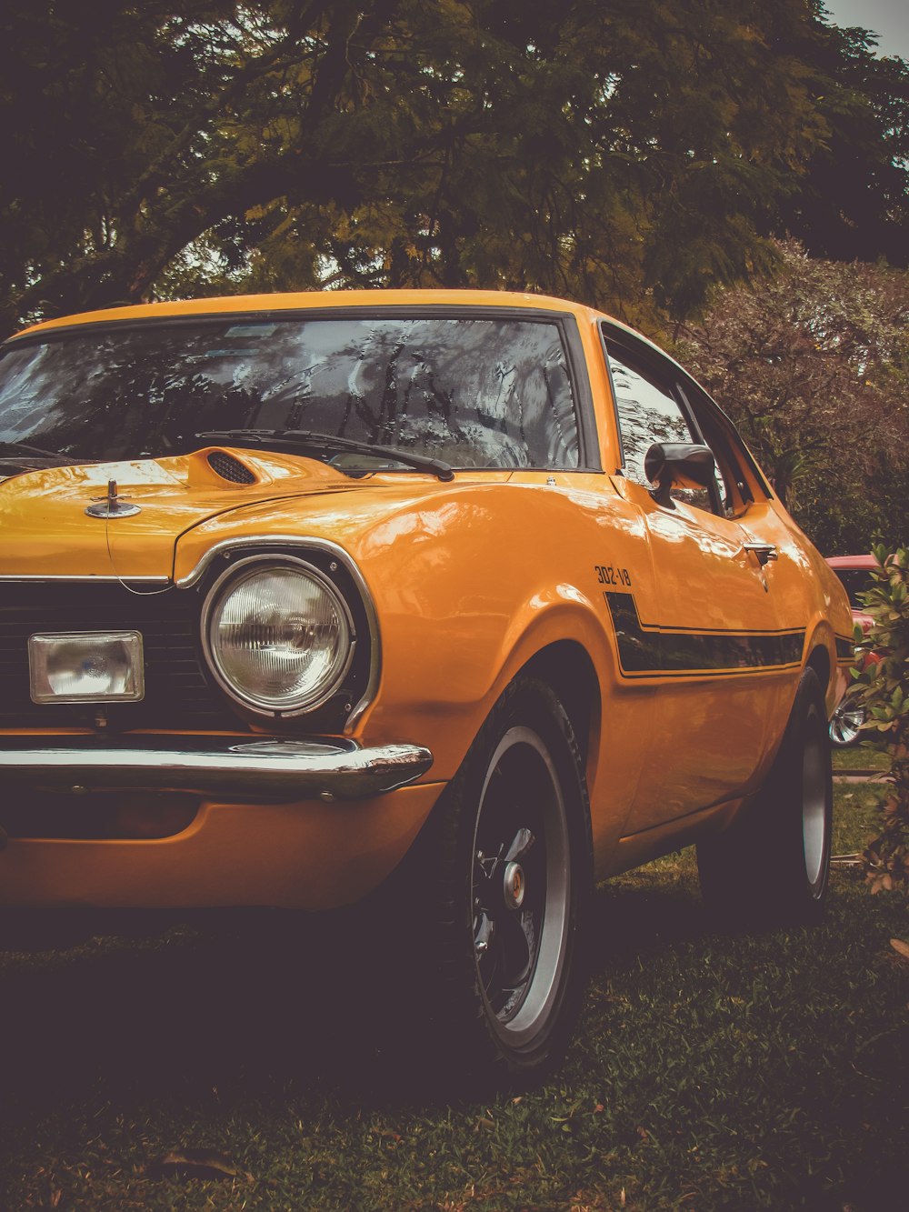 yellow and black coupe on grass lawn