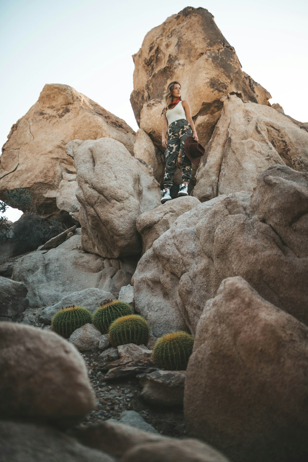woman standing on rock formation near green cacti during daytime