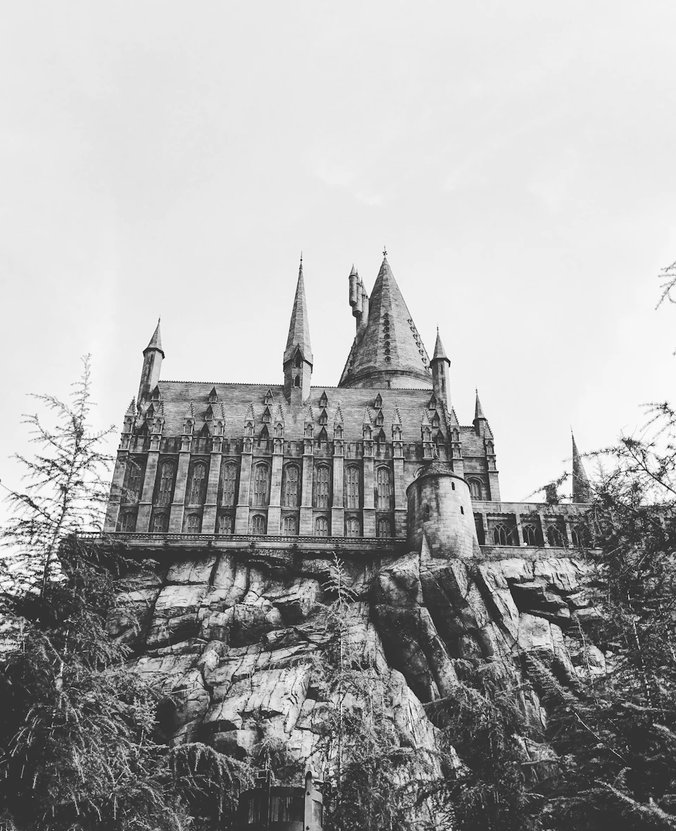 The image depicts a large, imposing castle-like structure with multiple towers and spires reaching towards the sky. The castle is situated on a rocky outcropping, adding to its grandeur. The photograph is taken from a low angle, emphasizing the height of the tower and giving it an imposing presence against the backdrop of the cloudy sky.

The castle's architecture features numerous windows that punctuate the stone walls, allowing glimpses into the interior. The image is in black and white, which further accentuates the castle's intricate details and textures.