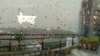 A cracked window with rain streaming down, blurred letters visible on the sill.