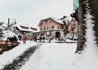 A snowy street scene in a quaint village with charming buildings surrounded by snow-covered trees. People are walking on the snow-lined paths, dressed warmly in winter attire. Traditional architecture and festive decorations hint at a cozy, holiday atmosphere.