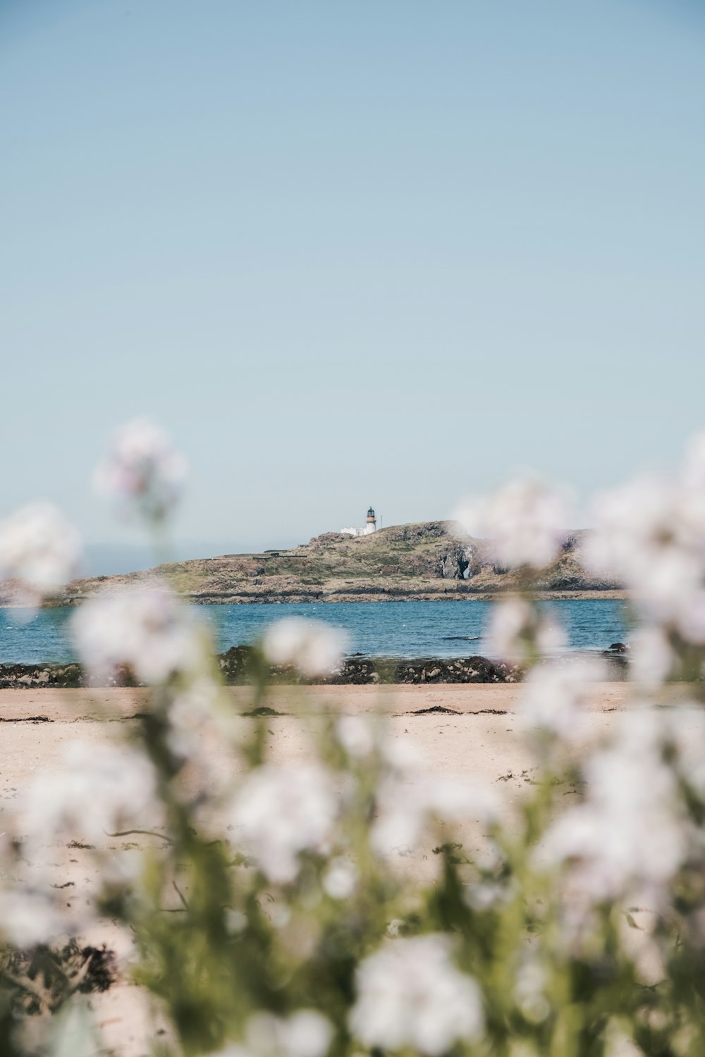 a view of a beach with a lighthouse in the distance