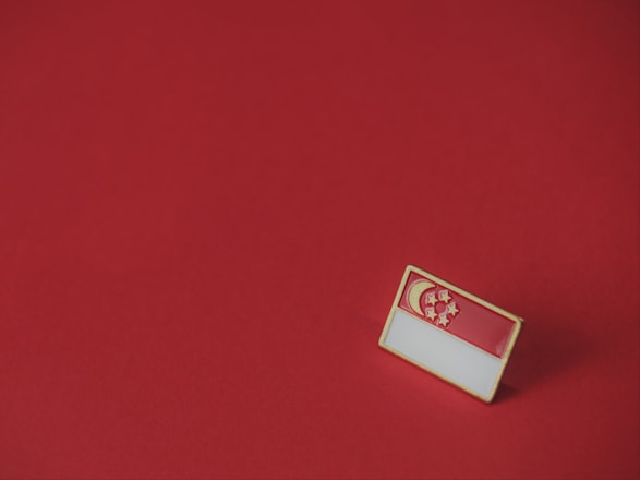 A small rectangular pin featuring the flag of Singapore is placed on a plain red surface. The flag design includes a red upper half with a white crescent moon and five stars.