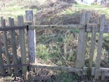 A wooden fence with missing planks stands in a field. The fence appears weathered and old, with metal brackets reinforcing some areas. Behind the fence, the ground is covered with dried grass and shrubs, indicating an untended, natural setting.