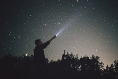A rugged adventurer silhouetted against a dark forest under a star-streaked sky.