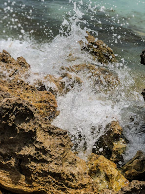 An artistic video still showing waves crashing on a rocky shore.