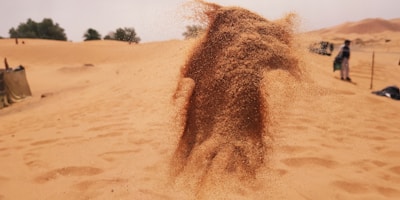 A dynamic spray of sand is suspended in mid-air, creating a cloud-like effect. The scene is set in a desert with expansive sandy dunes stretching into the distance. There are a few scattered trees in the background. On the right side, some people appear to be walking along the sand.