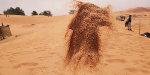 A dynamic spray of sand is suspended in mid-air, creating a cloud-like effect. The scene is set in a desert with expansive sandy dunes stretching into the distance. There are a few scattered trees in the background. On the right side, some people appear to be walking along the sand.