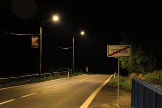 A quiet, dimly lit road stretches into the distance with streetlights illuminating the path. On the right, there is a sign indicating the end of a location named 'Terezin'. The road is flanked by a guardrail on the left and a grassy area or trees on the right. The scene is dark, suggesting it is nighttime.