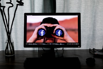 A computer monitor displays an image of a person looking through binoculars with Facebook logos on the lenses. The setup includes a desktop and a glass vase with long, dark plant stems on a wooden table, with curtains in the background.