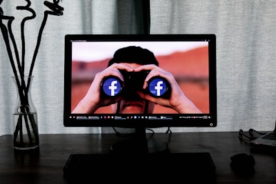 A computer monitor displays an image of a person looking through binoculars with Facebook logos on the lenses. The setup includes a desktop and a glass vase with long, dark plant stems on a wooden table, with curtains in the background.