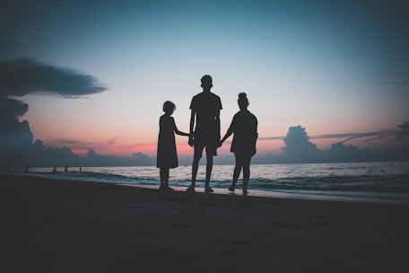 silhouette of three people walking beside body of water