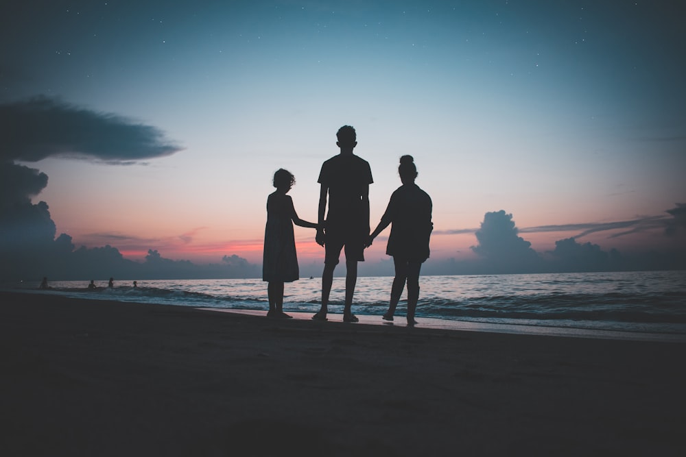 silhouette of three people walking beside body of water