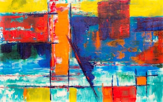 A colorful abstract painting with dynamic shapes and vibrant hues