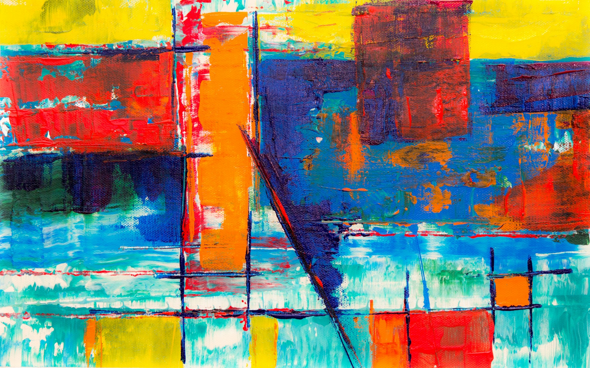 A vibrant abstract painting with bold colors and dynamic shapes.