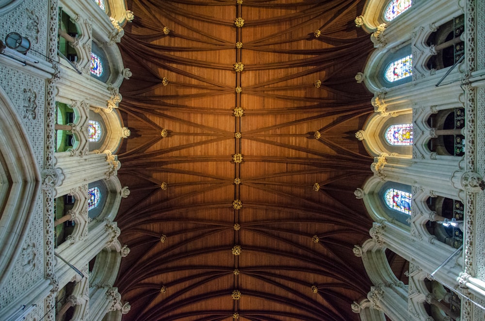 worm's-eye view of wooden ceiling