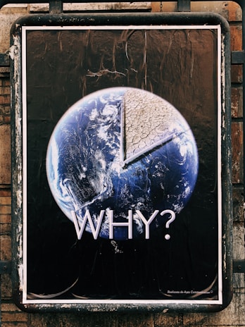 A poster featuring the Earth with a large portion removed, revealing a dry, cracked surface. The word 'WHY?' is prominently displayed underneath, suggesting a message about environmental concerns, such as climate change or deforestation. The image contrasts the planet’s vibrant blue and white colors against a stark brown, emphasizing the theme of environmental degradation.