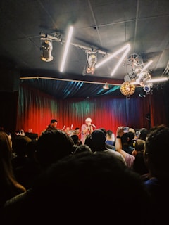 A live music performance in a dimly lit venue, with a vibrant curtain backdrop. A singer is performing on stage, accompanied by musicians. The audience, some recording with their phones, watches closely from the foreground. Stage lights create a dynamic and colorful atmosphere.