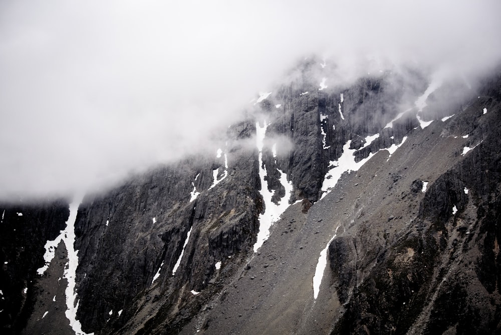 montagne noire et blanche sous ciel nuageux