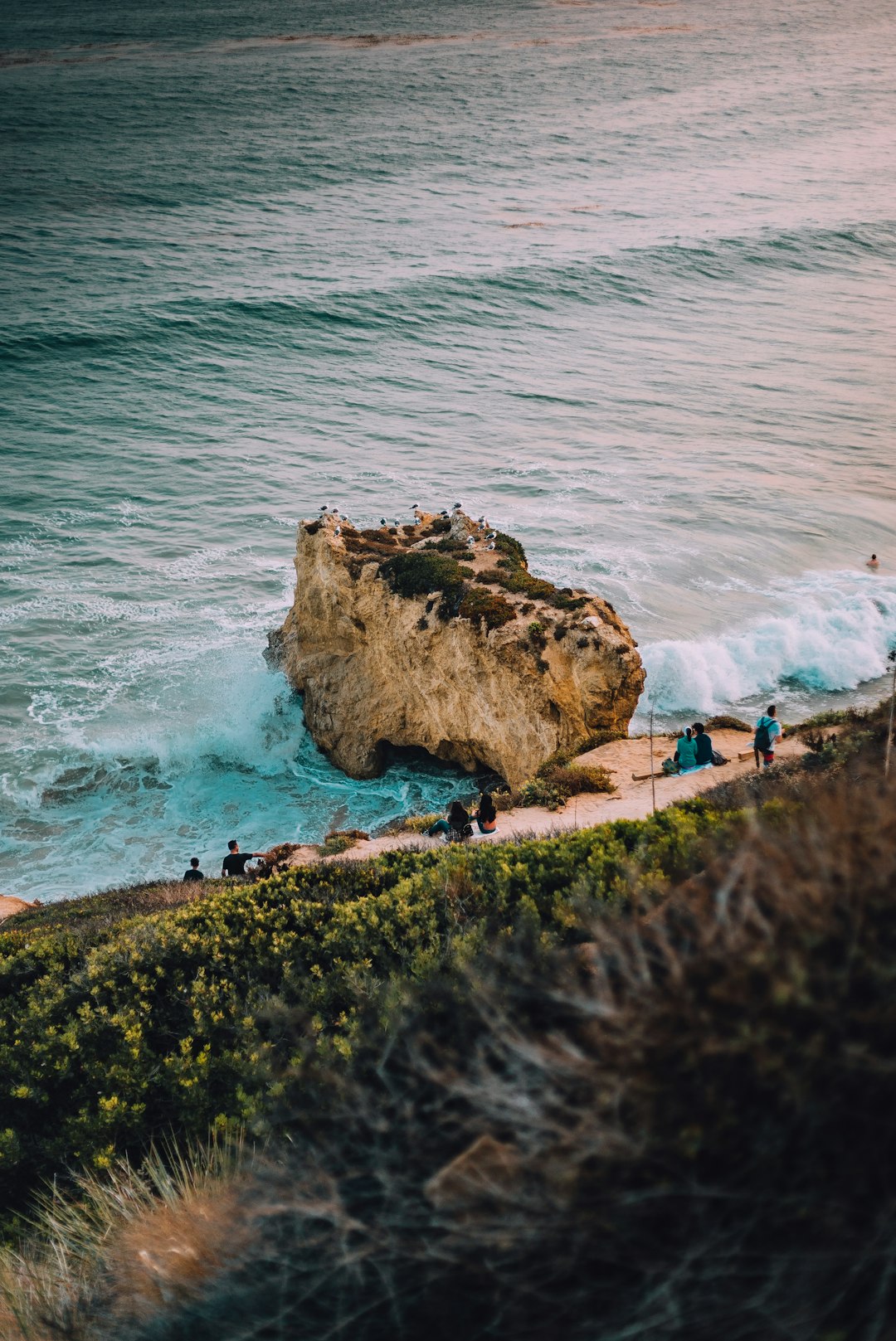 people on ground facing ocean and monolith rock