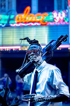 Product images showcasing cyberpunk designs with Greek rune motifs.