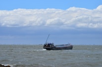 A large cargo ship navigates through choppy waters under a sky filled with thick, white clouds. The distant horizon is faintly visible, suggesting a coast or city skyline far away.
