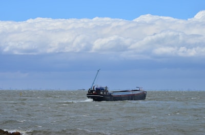A large cargo ship navigates through choppy waters under a sky filled with thick, white clouds. The distant horizon is faintly visible, suggesting a coast or city skyline far away.