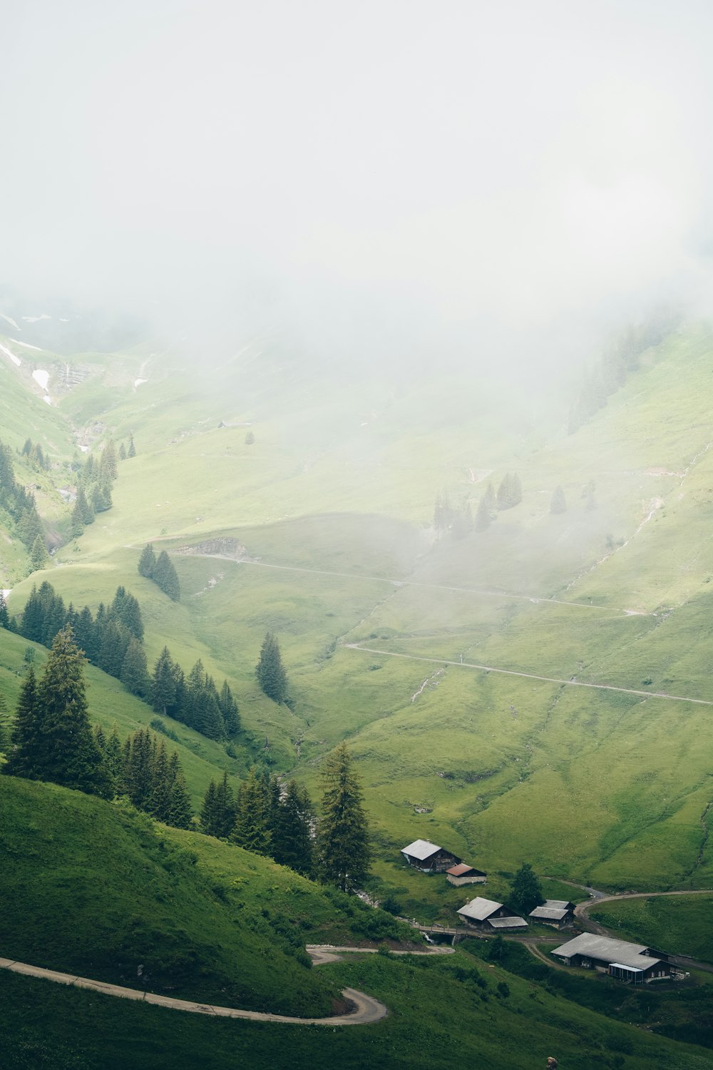 green mountains covered with thick smoke