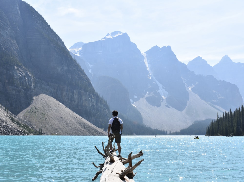 man standing on edge of tree trunk and facing at the mountains