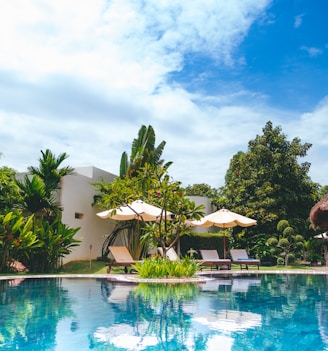 resort with pool, hut, and patio umbrellas