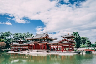 pagoda temple across body of water under blue cloudy sky