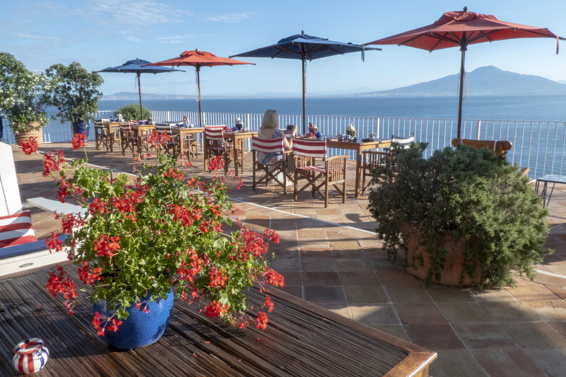 two blue and red patio umbrellas