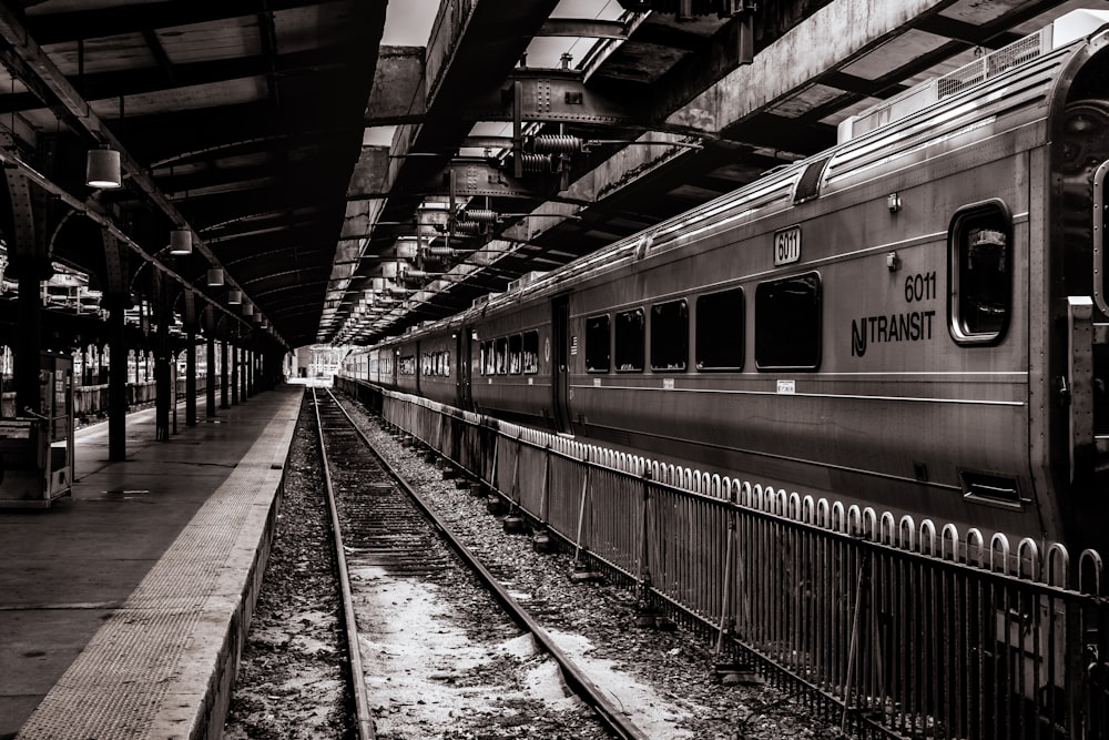 foto in scala di grigi del treno