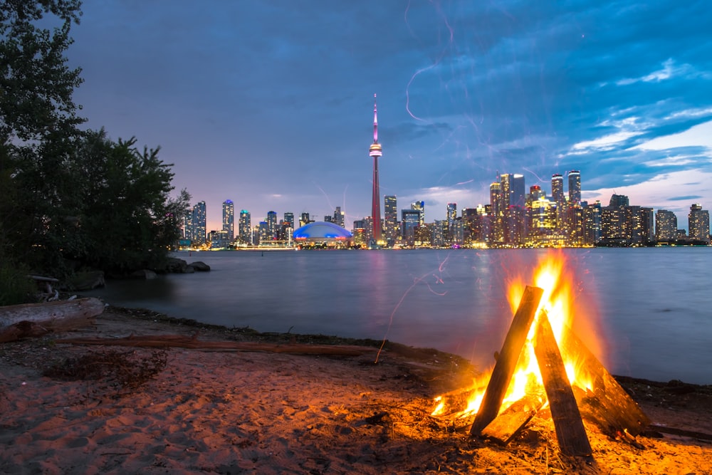 bonfire beside seashore