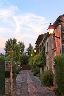 A charming, narrow cobblestone path lined with lush greenery and vibrant flowers leads to a rustic stone house. Red lanterns glow warmly along the pathway, enhancing the cozy atmosphere. Tall trees frame the scene, and the sky above is a serene mix of blue and soft pink hues.