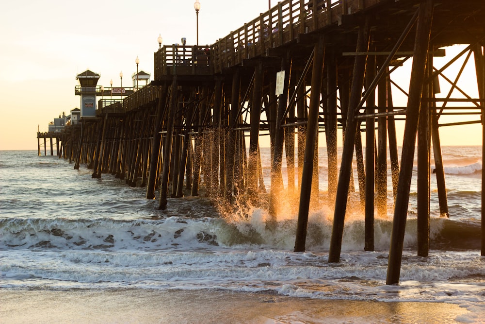 photography of brown bridge near seashore during daytime