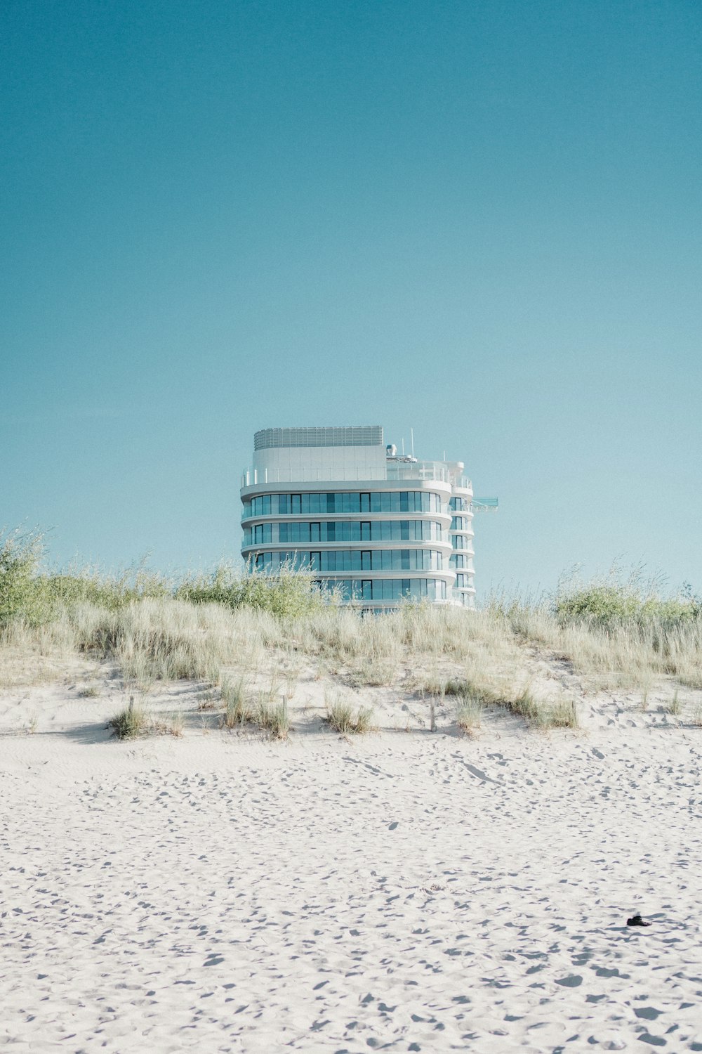 white and teal painted building surrounded by grasses