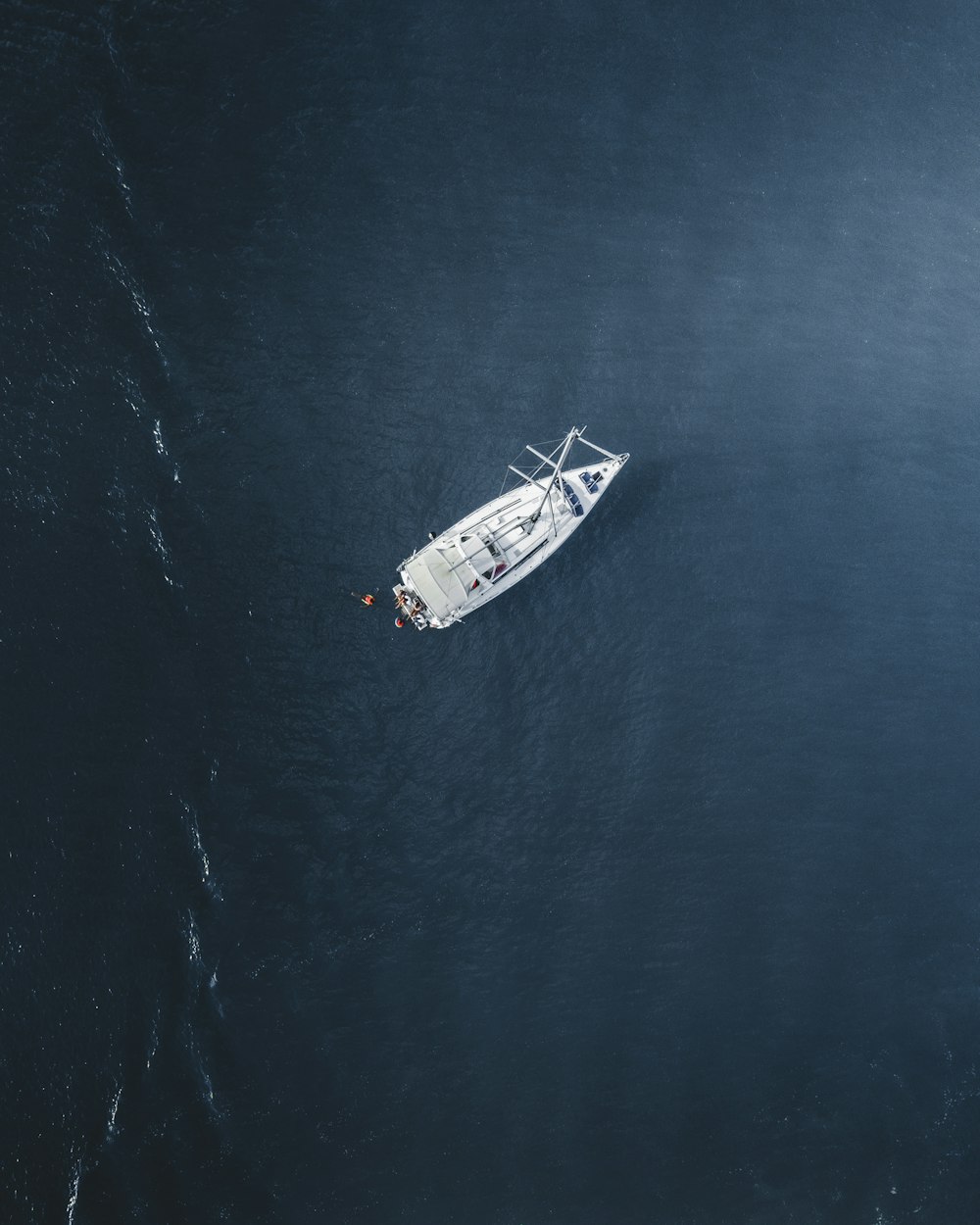 昼間の水上を航行する白いヨットの航空写真