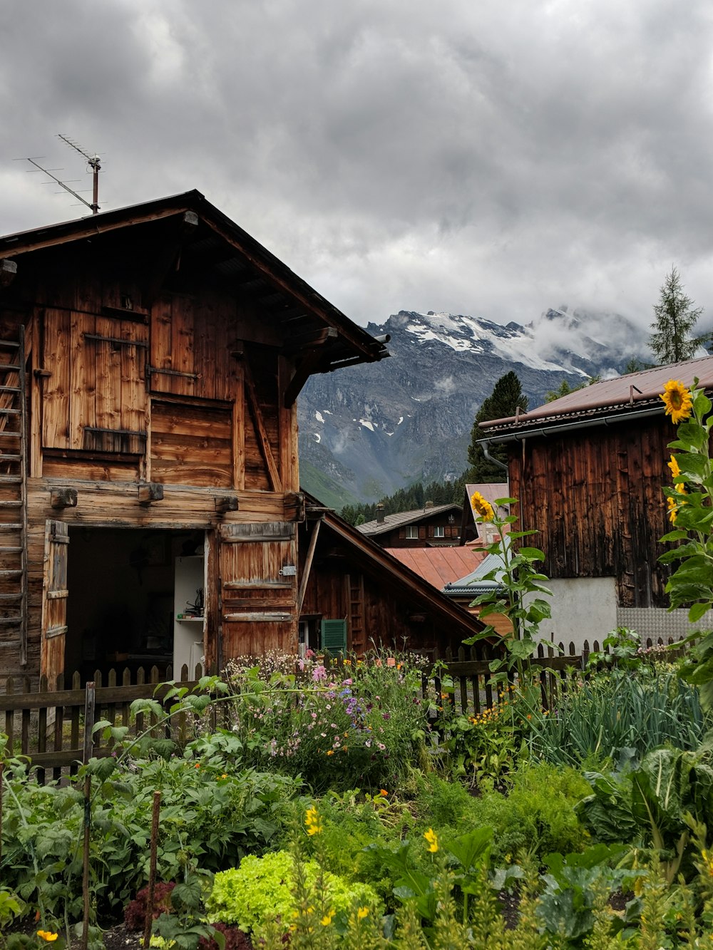 꽃의 정원이 있는 갈색 집의 풍경 사진
