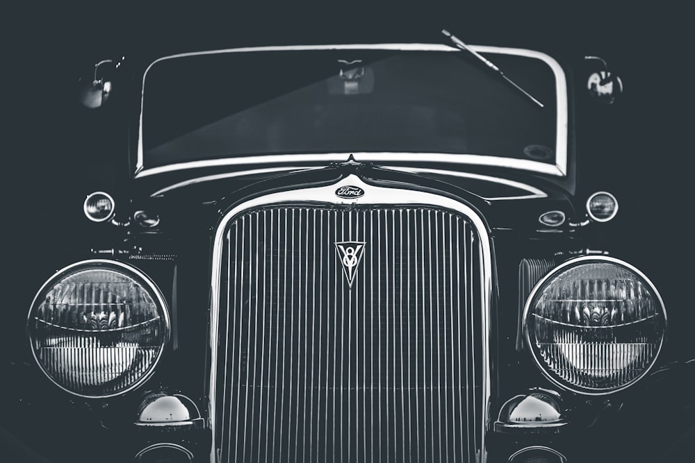 grayscale photography of classic car