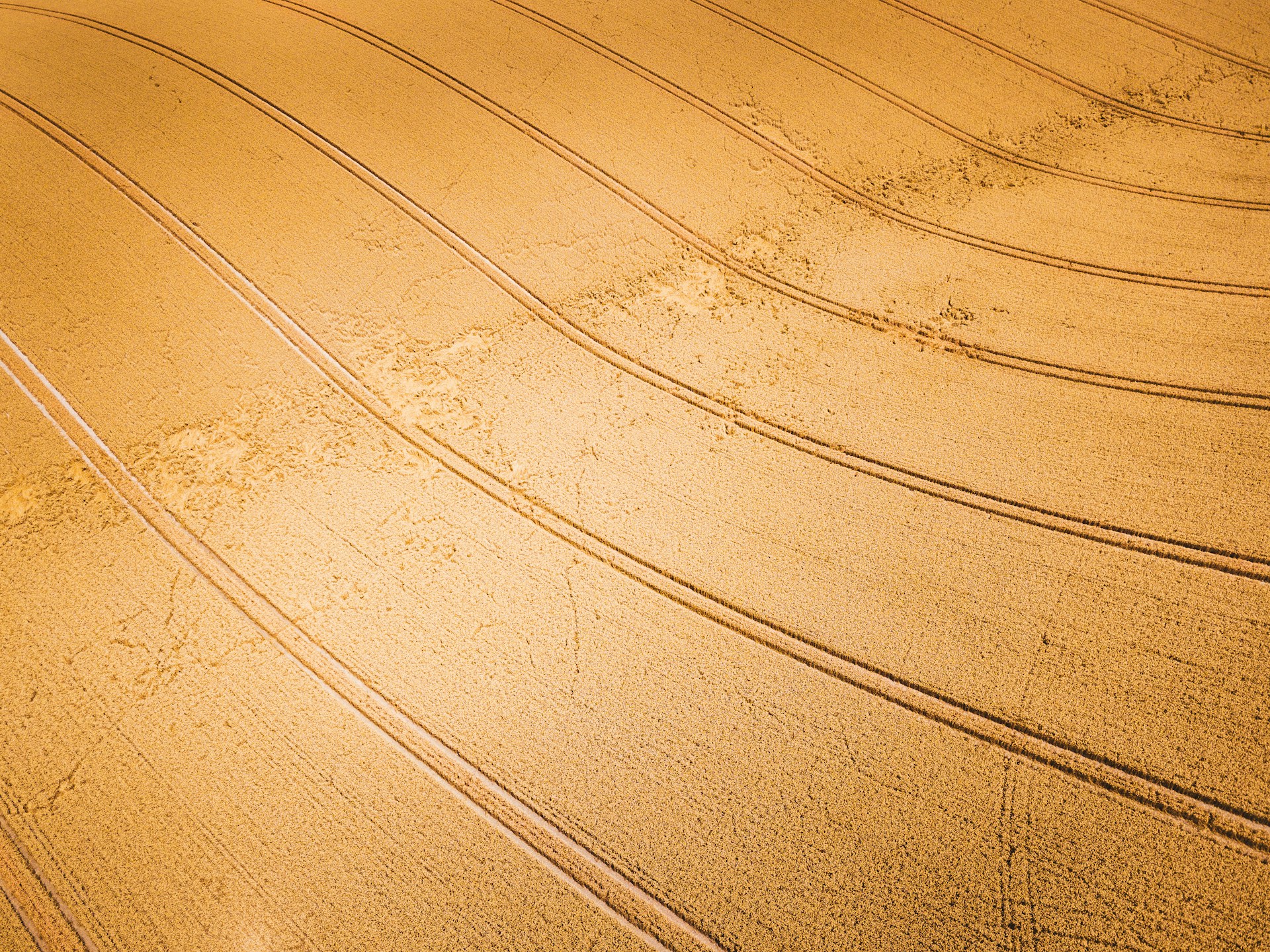 an aerial view of a field with tracks in the sand