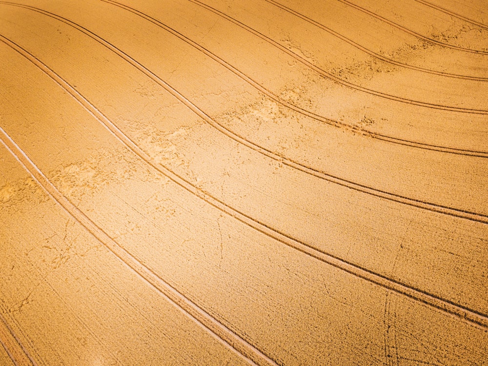 an aerial view of a field with tracks in the sand