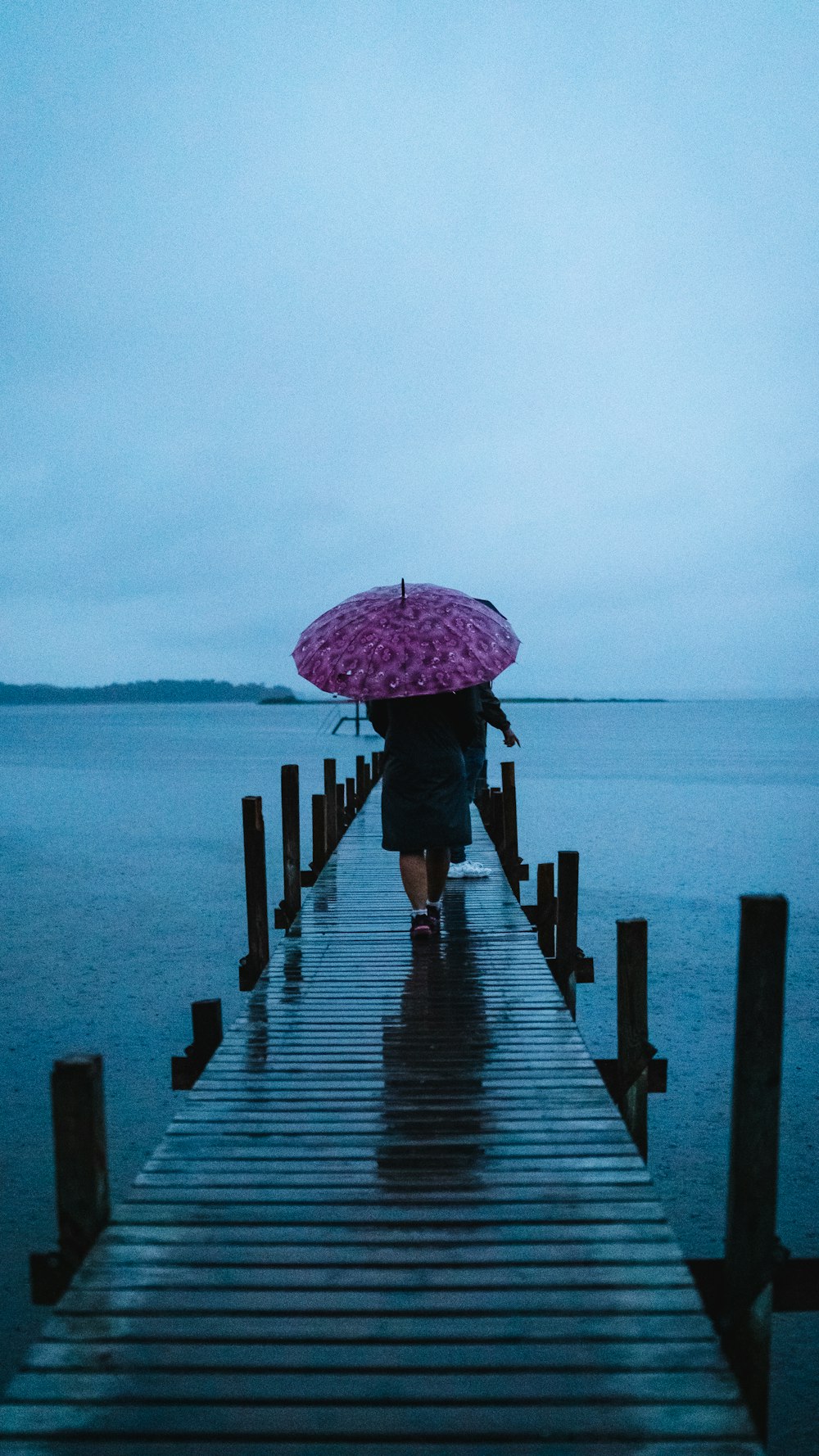 personne portant un parapluie marchant sur le quai